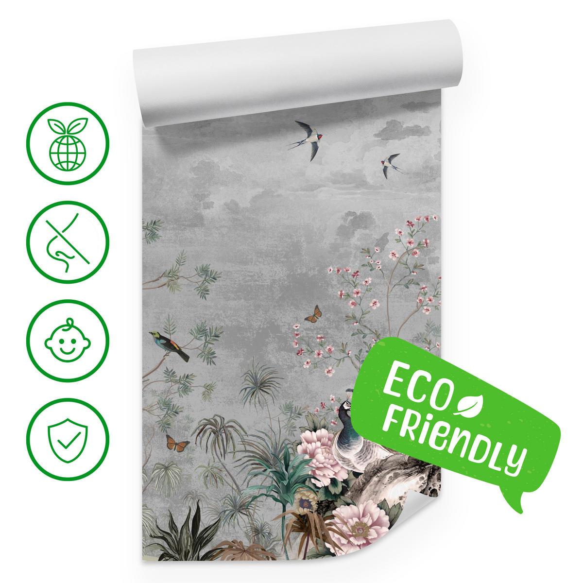 FOTOTAPETE für Büro Pfauen Vögel Pflanzen Bäume Tropische Blumen 400x280 - Multicolor, Papier (400/280cm) - Muralo