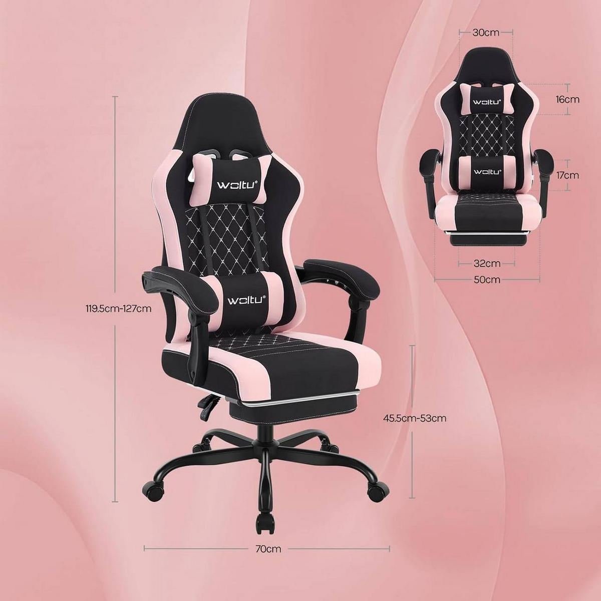 GAMINGSTUHL mit Massagefunktion, Netzstoff, Schwarz+Rosa - Schwarz/Rosa, Textil/Metall (70/127/70cm) - Woltu