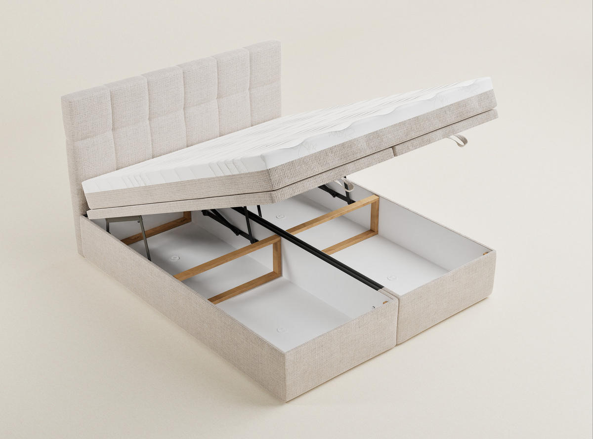 BOXBETT 140/200 cm Gotu M, in Creme, Matratze, gepolstertes Kopfteil, Bettkasten, H3 = fest - Creme/Schwarz, Holz/Holzwerkstoff (140/200cm) - Maison de Reve
