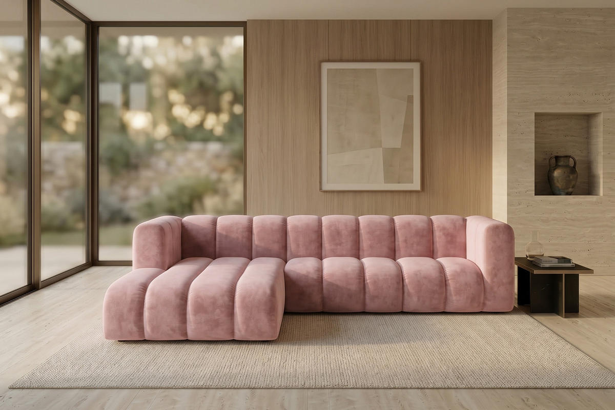 ECKSOFA Modulares In L-Form, Velvet-Stoff Riviera, Hellrosa, Links, GRAND 287 cm - Hellrosa, Holz (287/179cm) - Kaiser Möbel