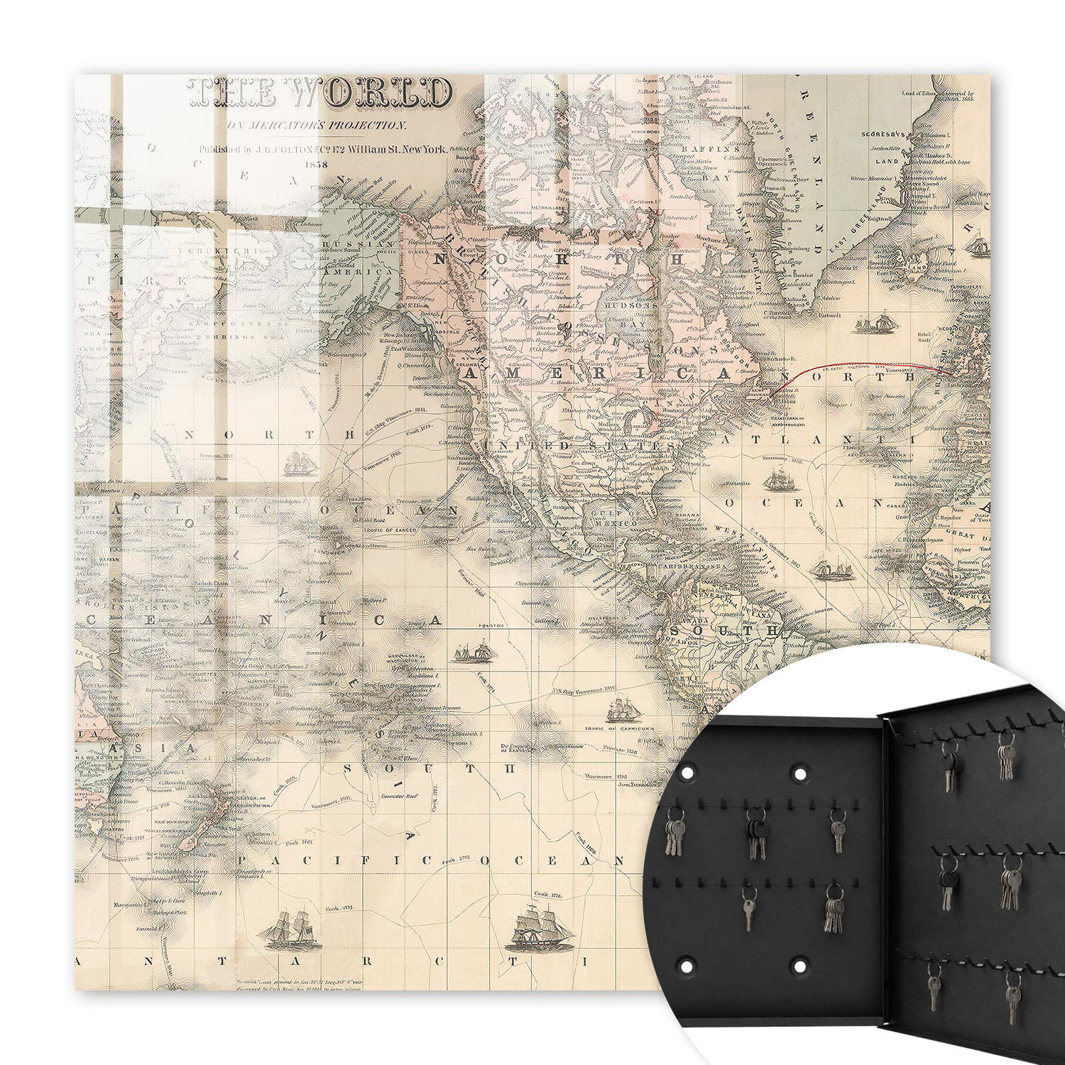 SCHLÜSSELBOX Schwarz 30x30 cm- Türöffnung nach rechts - Weltkarte - Beige, Metall (30/30/5cm) - TULUP