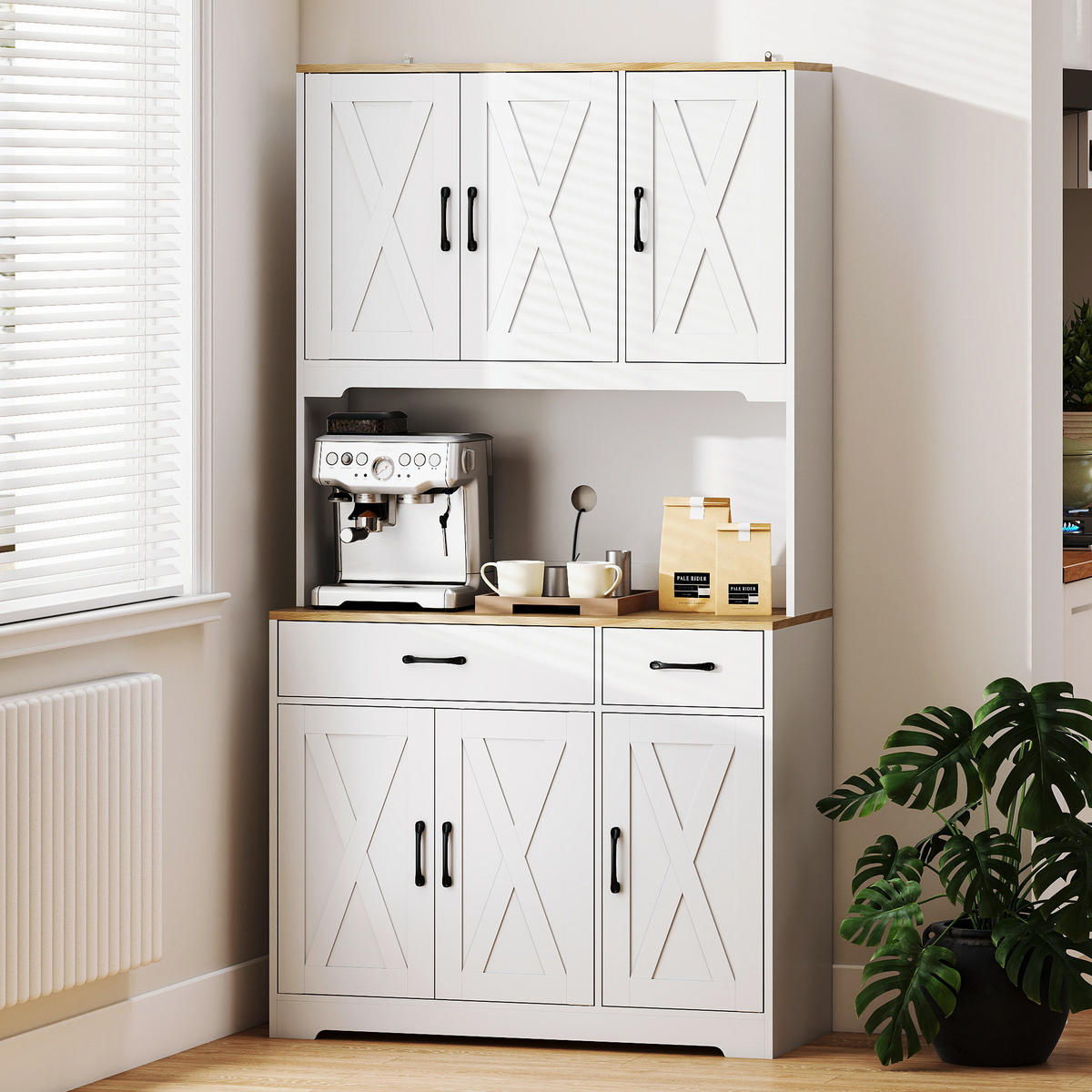 BUFFET DE-11231 6 Türen & 2 Schubladen mit Arbeitsplatte Weiß - Weiß, Holzwerkstoff (39.5/175.2/94cm) - ComfortXL