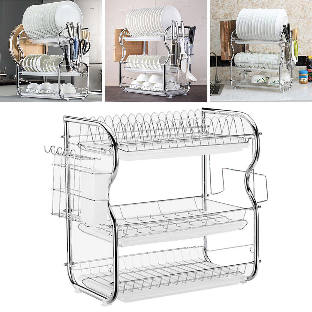 GESCHIRRABTROPFGESTELL Dreistufig aus Metall in Silber 40 x 25 x 43,5 cm - Silberfarben, Metall (40/43.5/25cm) - Livingandhome