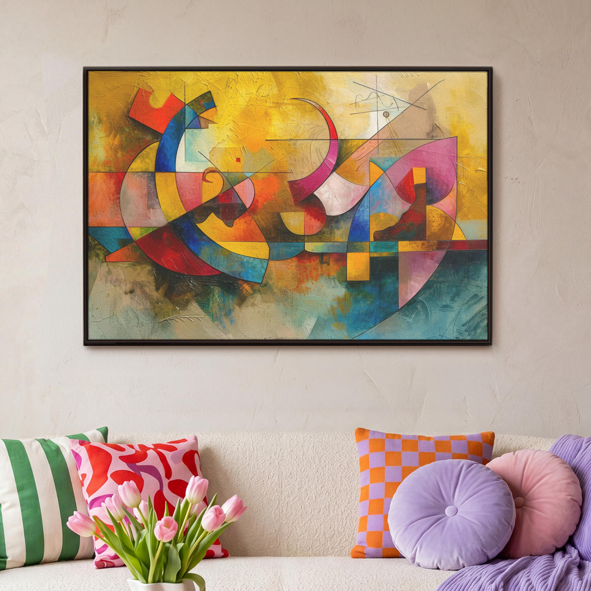 LEINWAND Bilder mit Rahmen - Kunst - Abstrakt - Modern - 90x60 - Gelb, Textil (90/60cm) - MuchoWow