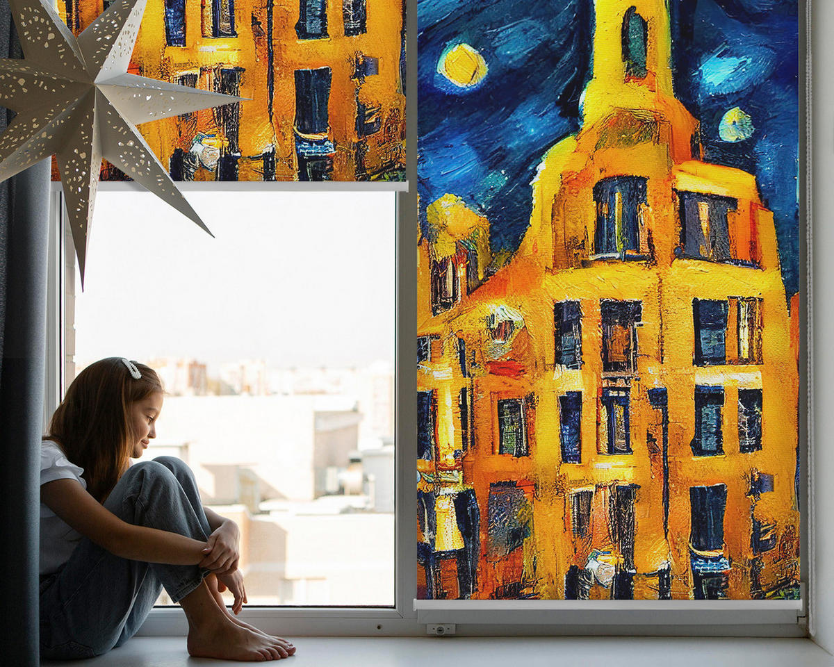 VNÚTORNÁ roleta - okenná roleta - roleta - 90x140 cm - Maľované mesto - tmavomodrá, plast (90/140/0.5cm) - TULUP