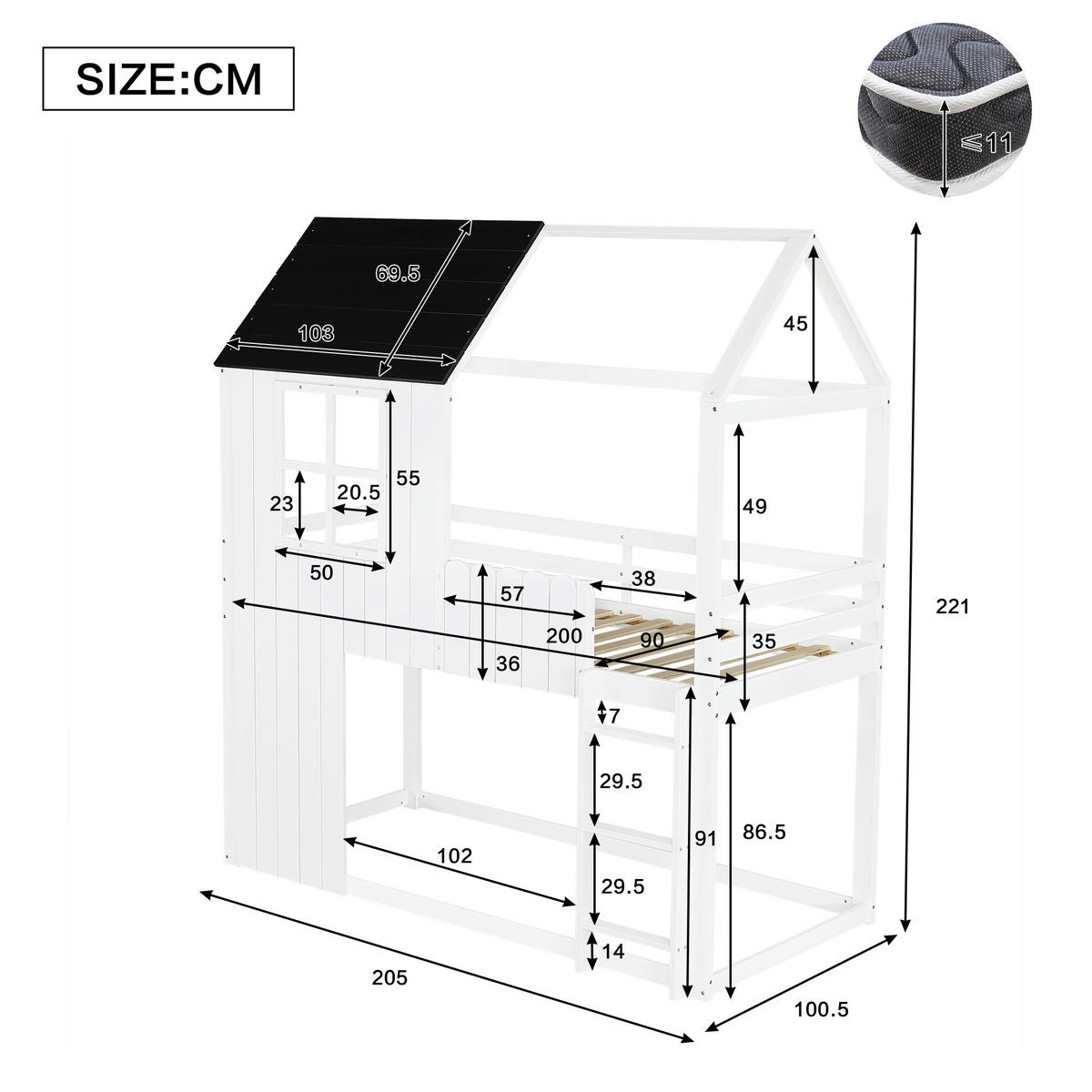 HOCHBETT Hausbett-Design 90x200 cm Holz Weiß/Schwarz - Weiß, Holz (90/200cm) - Meubliv