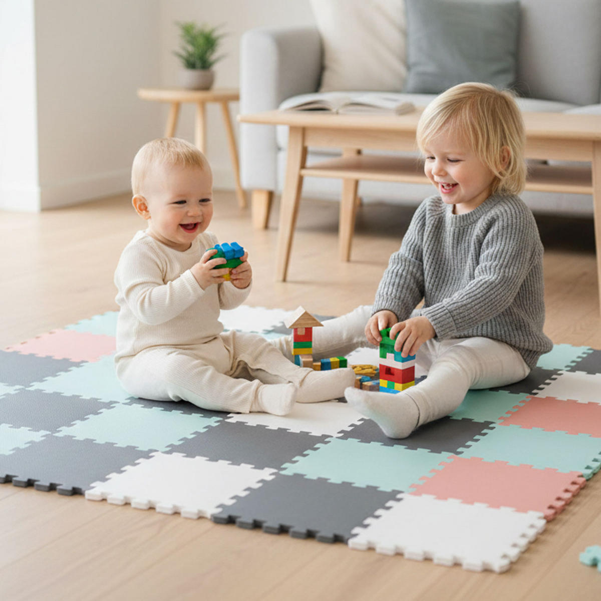SPIELMATTE ab Null - 360/120/1 cm Puzzlematte Rosa/Grau/Weiß/Mint - Multicolor, Kunststoff (30/30cm) - Littletom