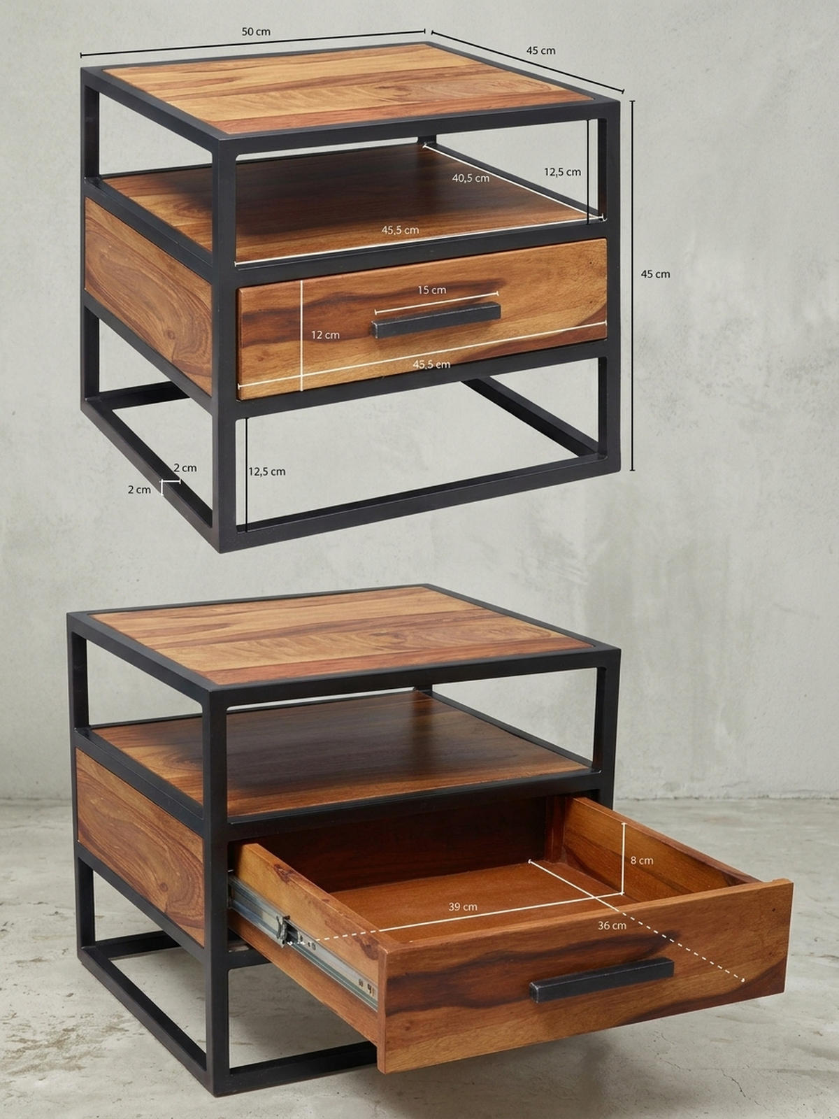 NACHTTISCH – Massivholz/Stahl, mit Stauraum, Industrial-Stil - Schwarz/Braun, Holz/Metall (50/45/45cm) - KADIMA DESIGN