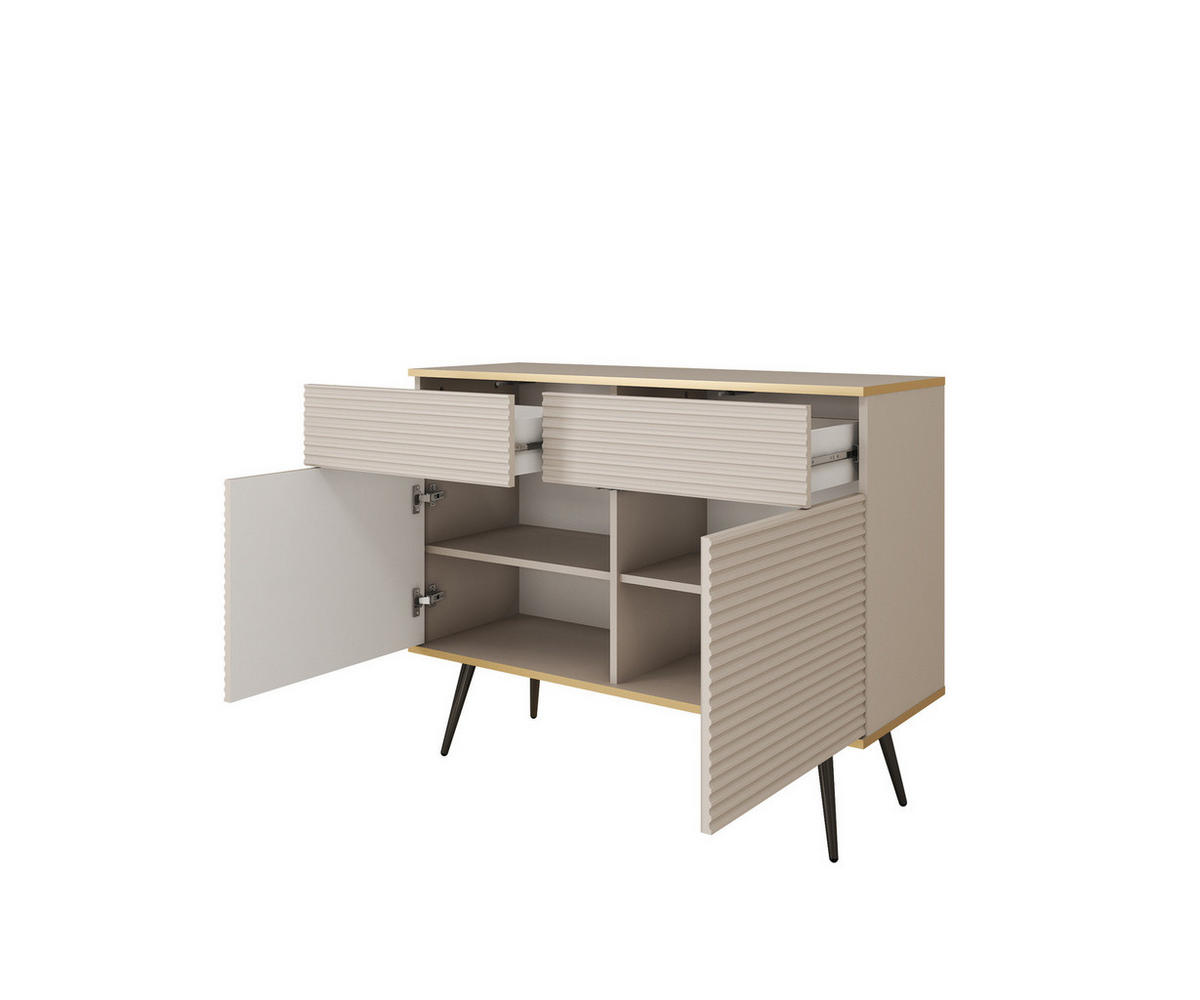 KOMMODE FORNO (Beige, Rillenfront, Goldene Details, 2 Türen, 2 Schubladen, schwarze Metallfüße, 107 cm) - Beige/Schwarz, Holz/Holzwerkstoff (107/85/39cm) - Ravio