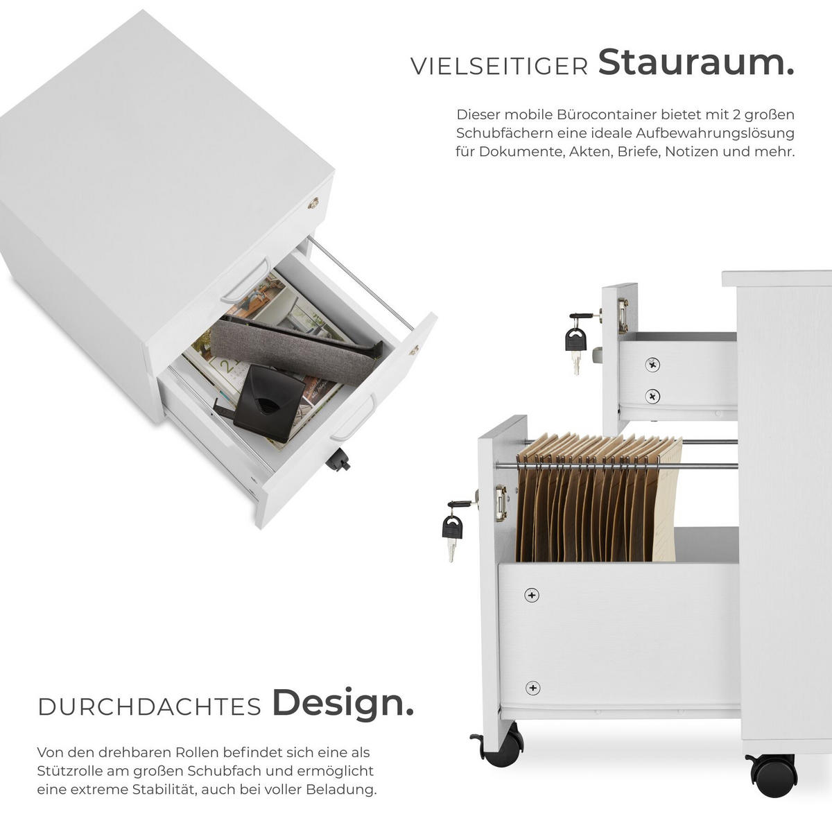 ROLLCONTAINER Vagur,40 x 44 x 54,5 cm,weiß - Weiß, Holzwerkstoff (40/54.5/46cm) - tectake