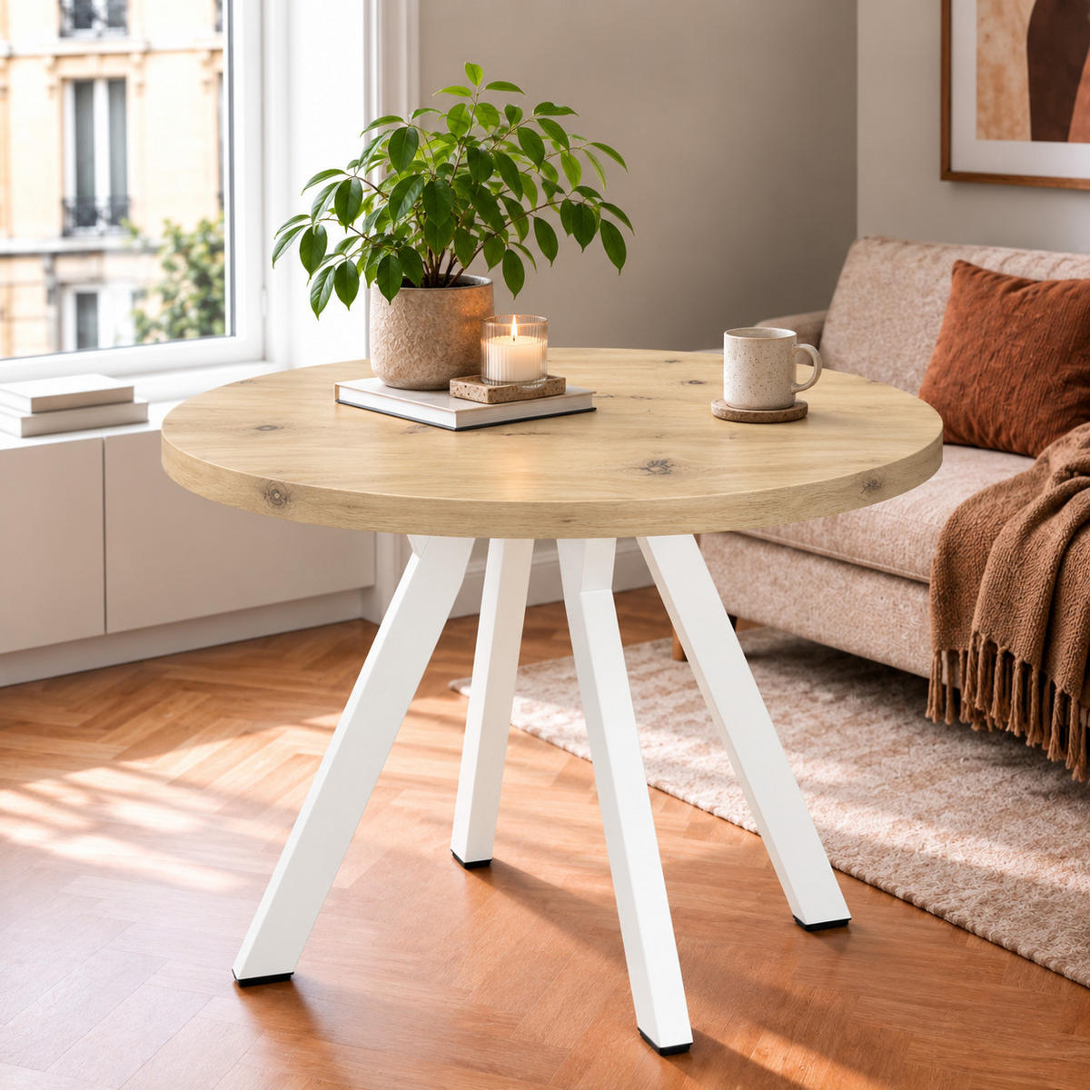 ESSTISCH rund ausziehbar 90/190/76 cm, Artisan Eiche, 54 cm Tischplatte + Y Metallgestell Weiß - Weiß/Eiche Artisan, Holzwerkstoff/Metall (90/190/76cm) - Damale Möbel