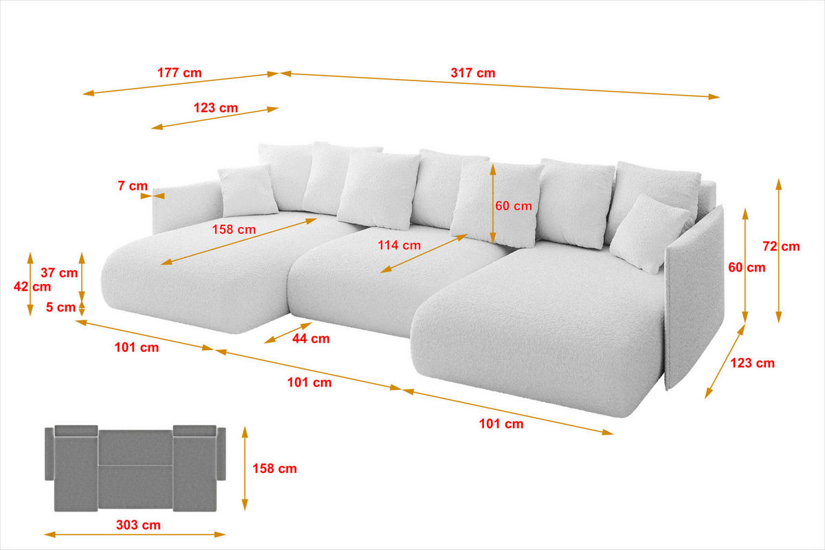 WOHNLANDSCHAFT mit Schlaffunktion und Bettkasten ONESK-U 317x177x72 Weiß Bouclé - Weiß, Holzwerkstoff/Kunststoff (317/72/177cm) - ALTDECOR