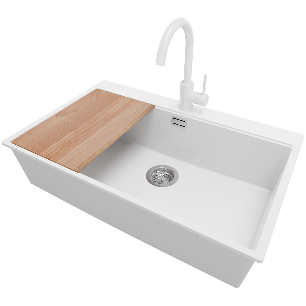 GRANITSPÜLE Oslo, 2-er set Weiß 78/50 cm 1 Becken + Küchenarmatur 32/20 cm + Ablauf-Set + Schneidebrett ab 80er Unterschrank - Chromfarben/Beige, Kunststoff (78/20/50cm) - Primagran