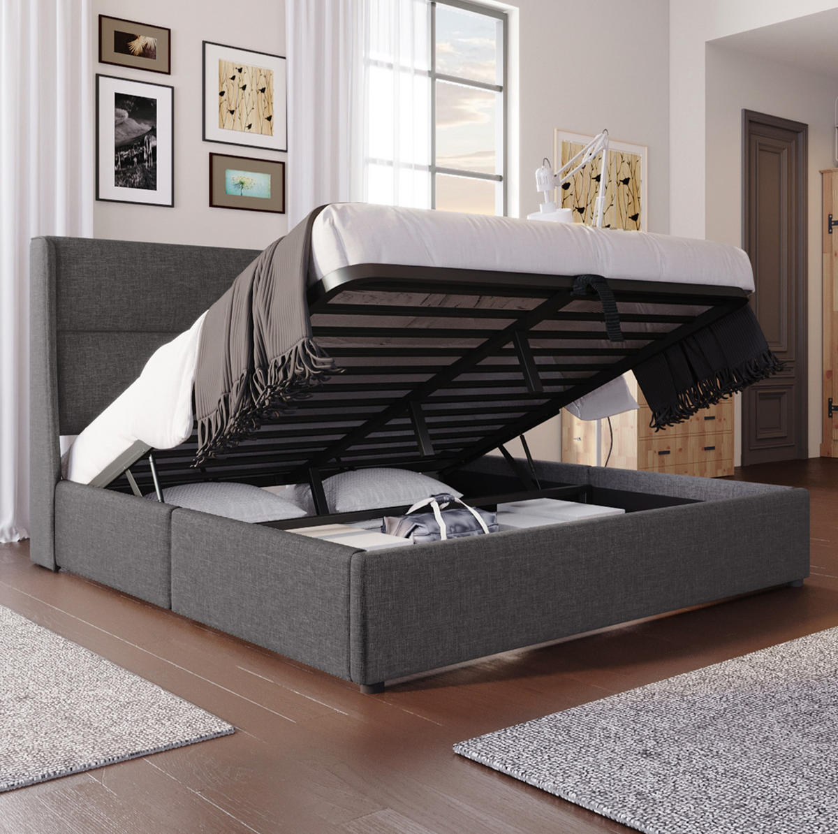 BETT mit Stauraum und Kopfteilverstellung 140x200 cm Leinen Grau - Grau, Metall (140/200cm) - Meubliv