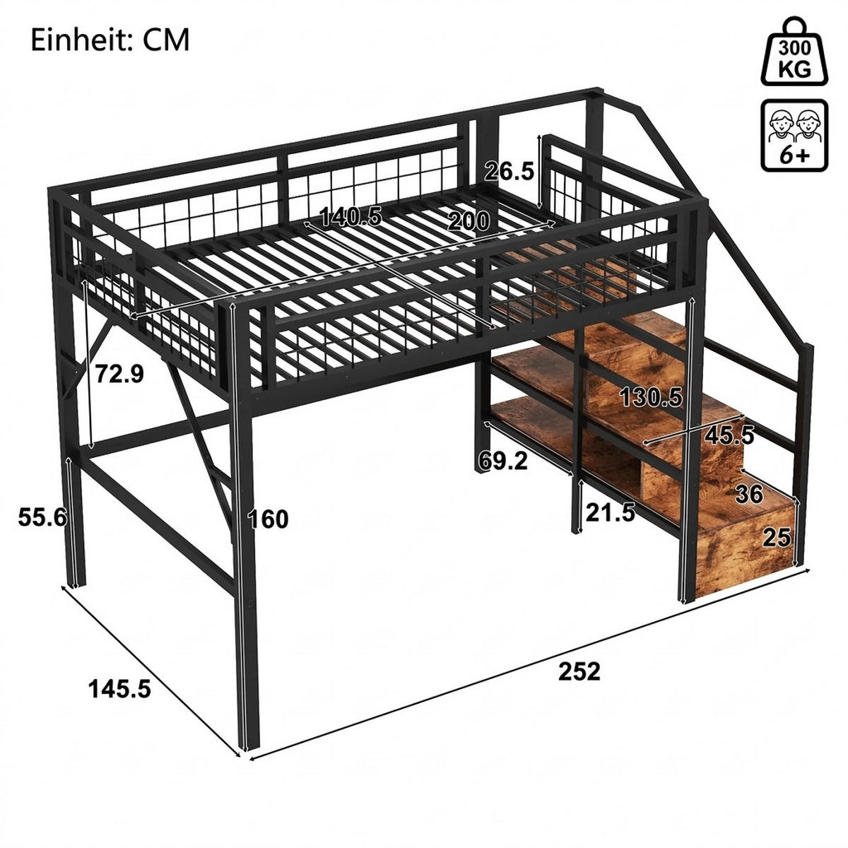 HOCHBETT 140/200 cm Schwarz mit LED-Lichtleiste und Stauraumtreppe - Schwarz, Metall (140/200cm) - Oxeza