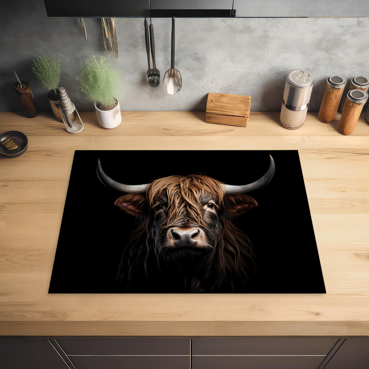 HERABDECKPLATTE - Schottischer Highlander - Porträt - Schwarz - Tier - 65x50 - Braun, Kunststoff (65/50/0.2cm) - MuchoWow