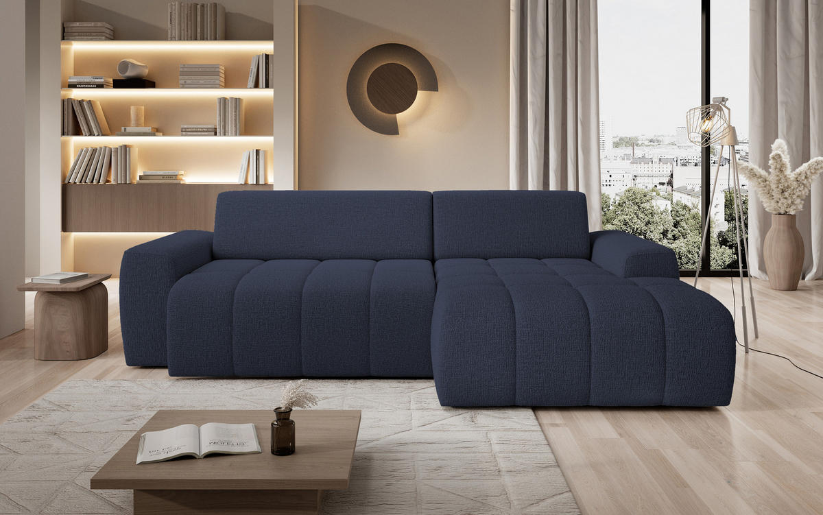 ECKSOFA Savio Freistehend, mit Abriebfestem Kansas-Stoff, Maße 265x172x81 cm, Ausziehbare Sitzfläche 206x92 cm, Rechte, – Blau - Blau, Holz/Textil (265/172cm) - DomoHome