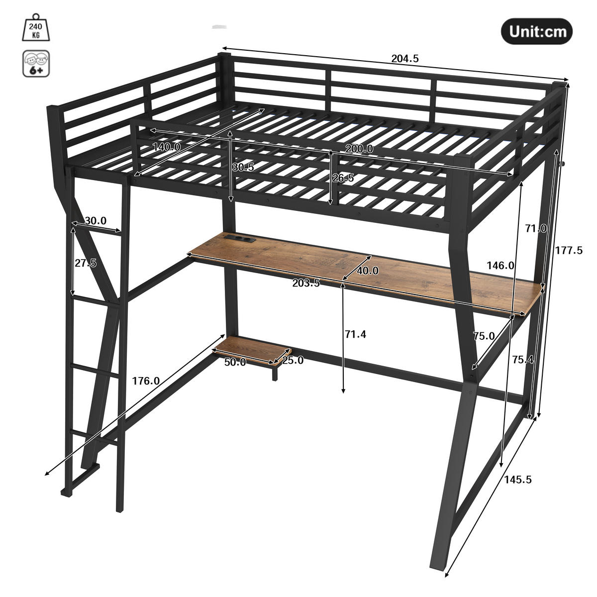 HOCHBETT 140/200 cm Schwarz mit LED-Leuchten und Schreibtisch - Schwarz, Metall (140/200cm) - OKWISH