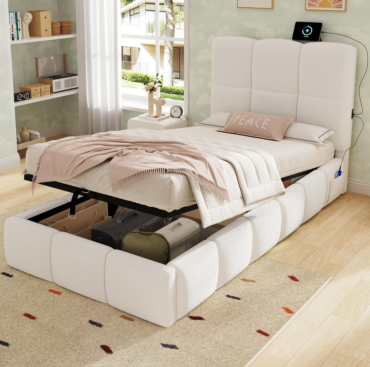 KINDERBETT 90/200 cm aus Bouclé mit Stauraum und USB-C-Anschluss Beige - Beige, Textil (90/200cm) - Modenvie
