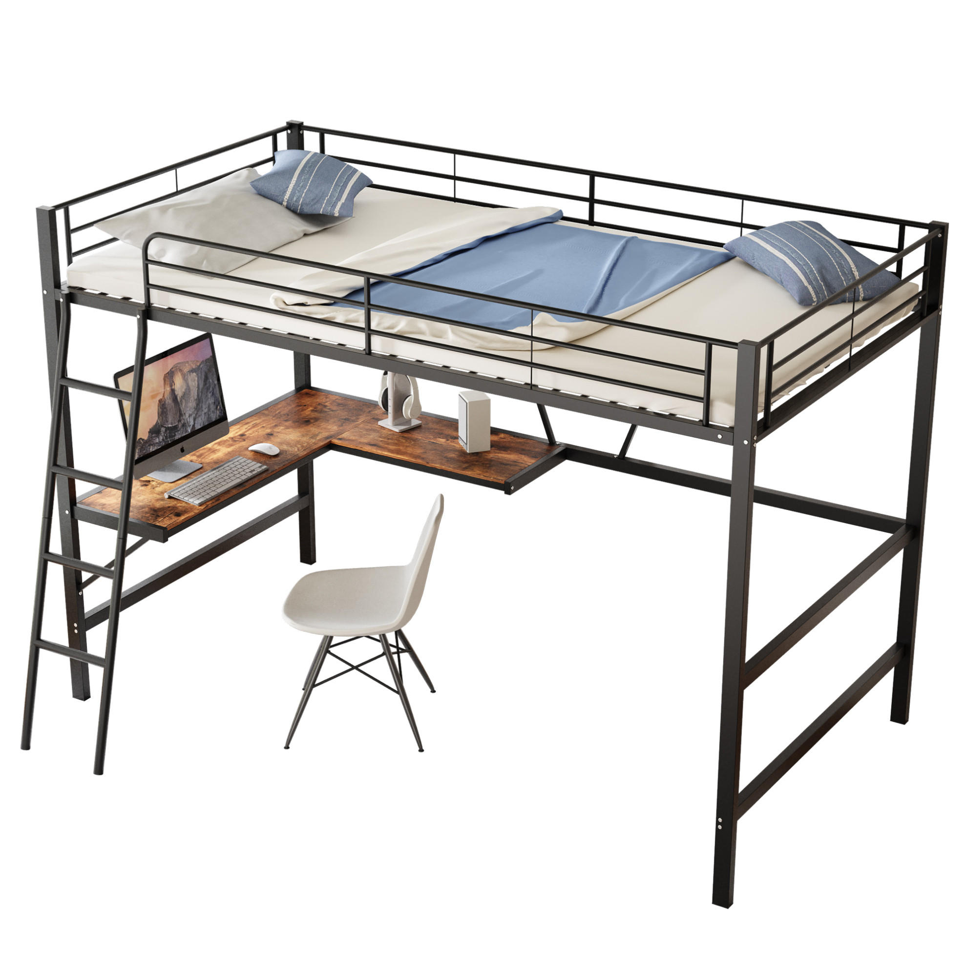 HOCHBETT 90/200 cm aus Metall mit L-förmigem Schreibtisch und Regal Schwarz - Schwarz, Metall (90/200cm) - Modenvie