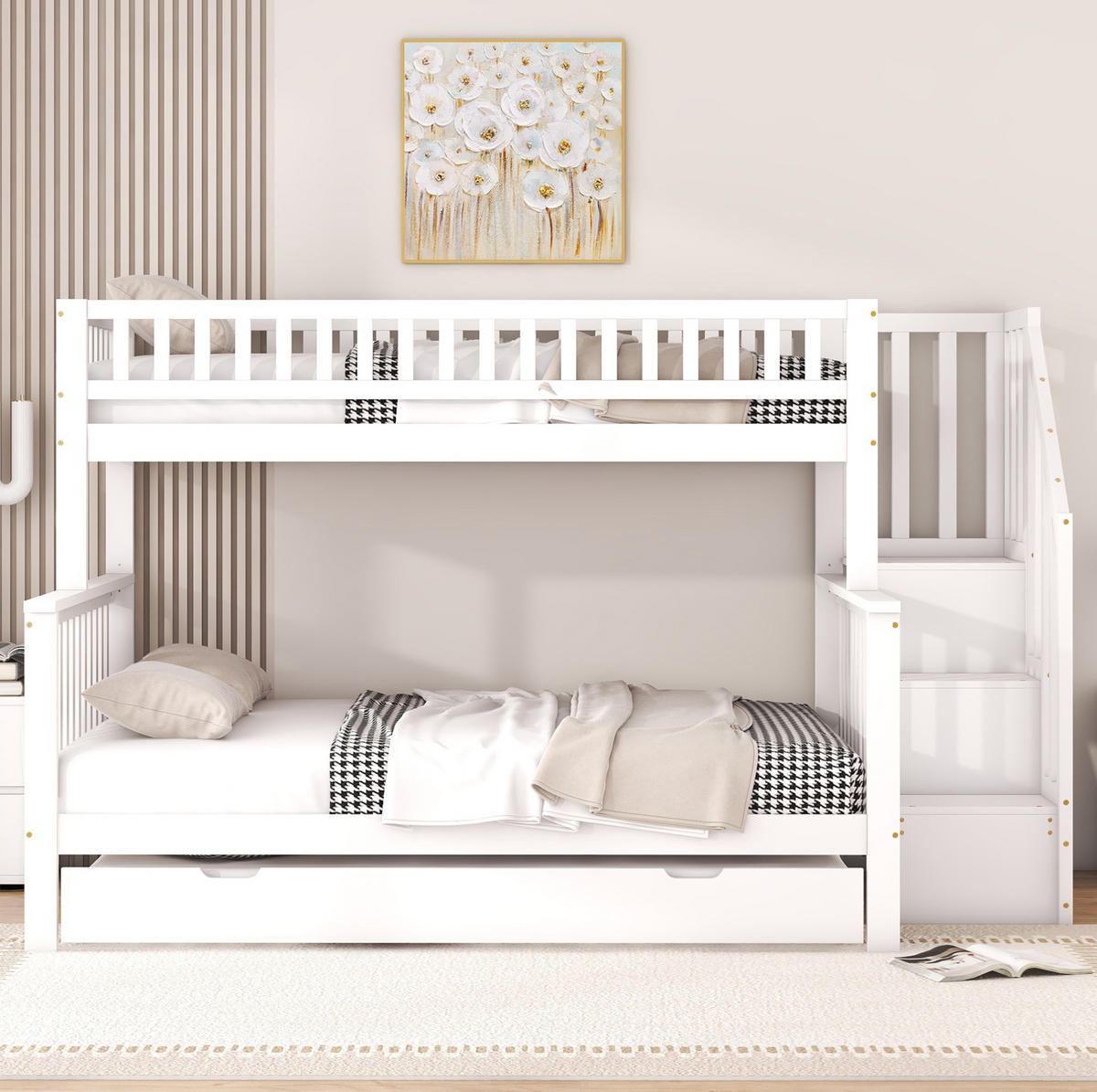 ETAGENBETT 253/240/160 cm aus Kiefer und MDF mit Ausziehbett und Stauraumtreppe Weiß - Weiß, Holz (140/200cm) - Modenvie
