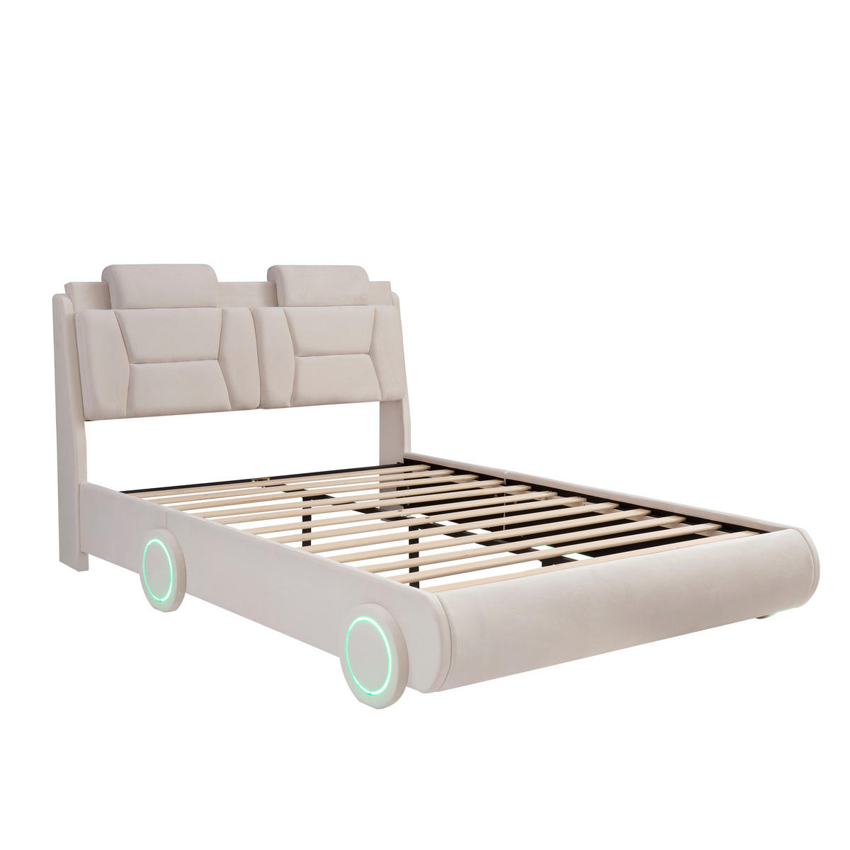 AUTOBETT 140/200 cm mit LED-Rädern, DE-41742, in Cremeweiß - Beige, Holz (140/200cm) - ComfortXL