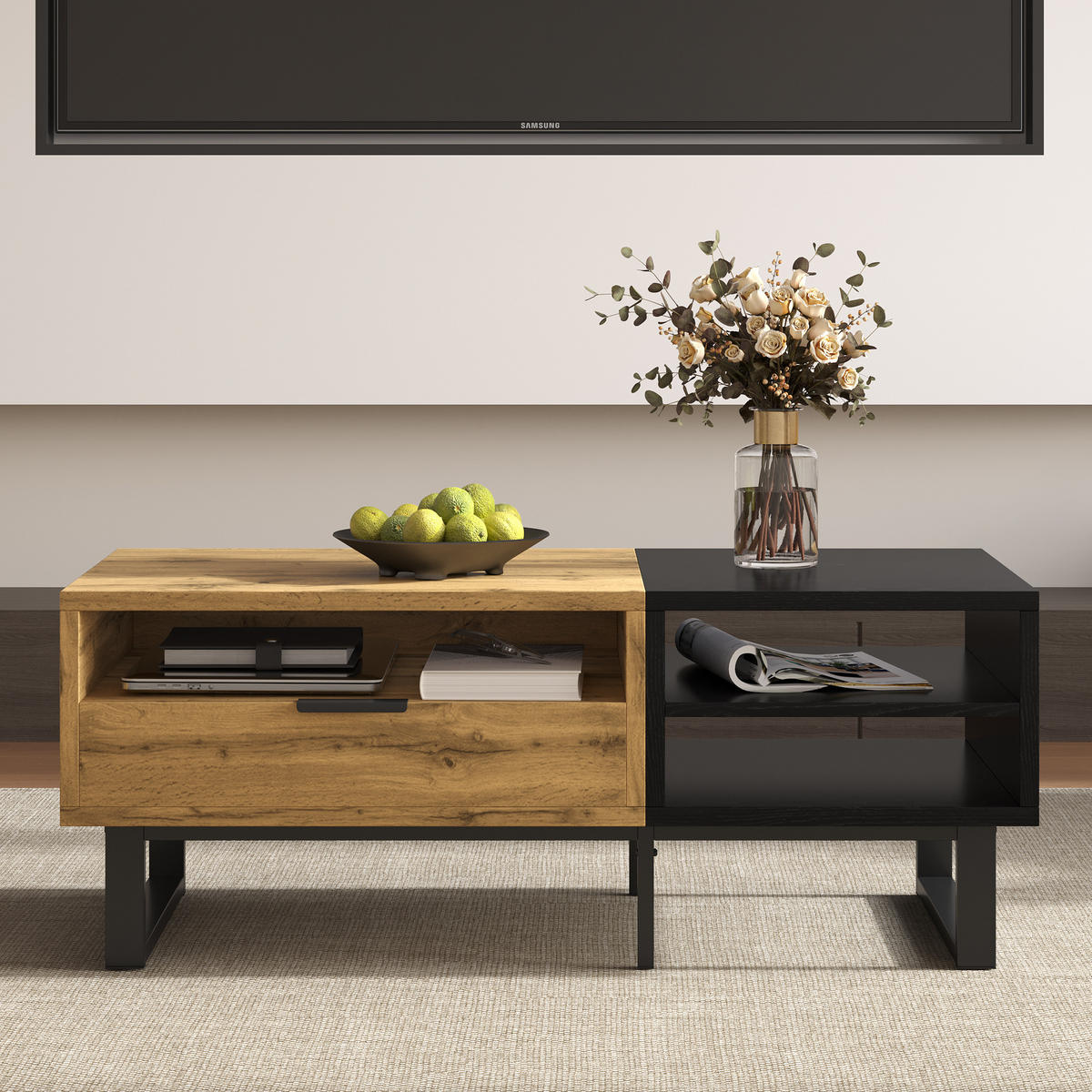 COUCHTISCH aus Spanplatte 100x50x40 cm in Natur mit Schublade & 3 Fächern - Naturfarben, Holzwerkstoff (100/50/40cm) - Modfu