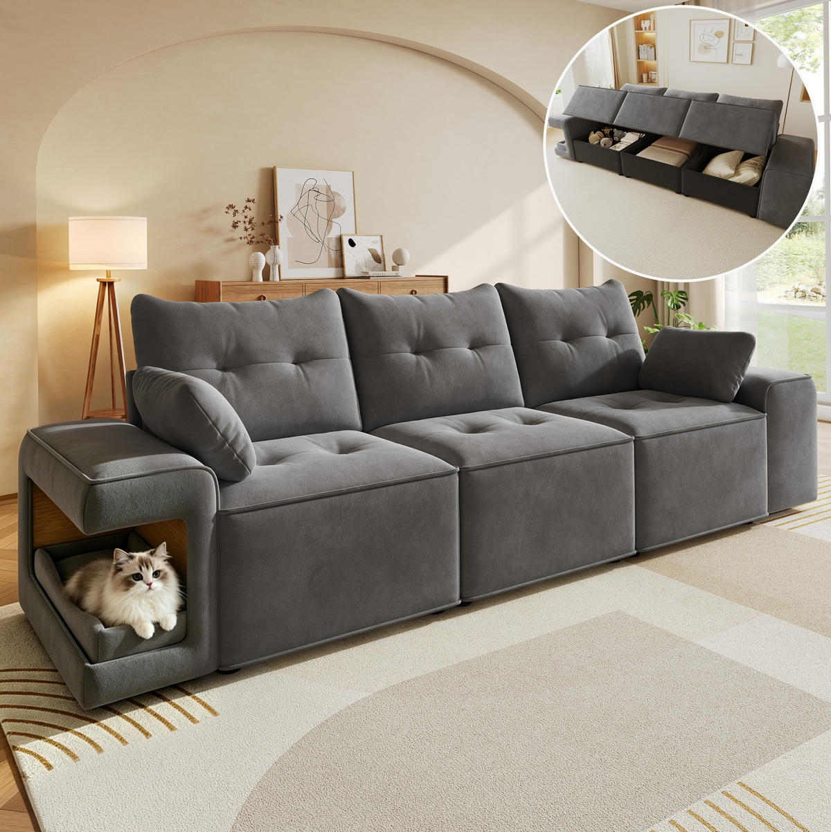 3-SITZER-SOFA aus Velours 229,5x78x84 cm Grau mit Stauraum, Haustiernischen und 2 Kissen - Grau, Textil (229.5/84/78cm) - Modfu