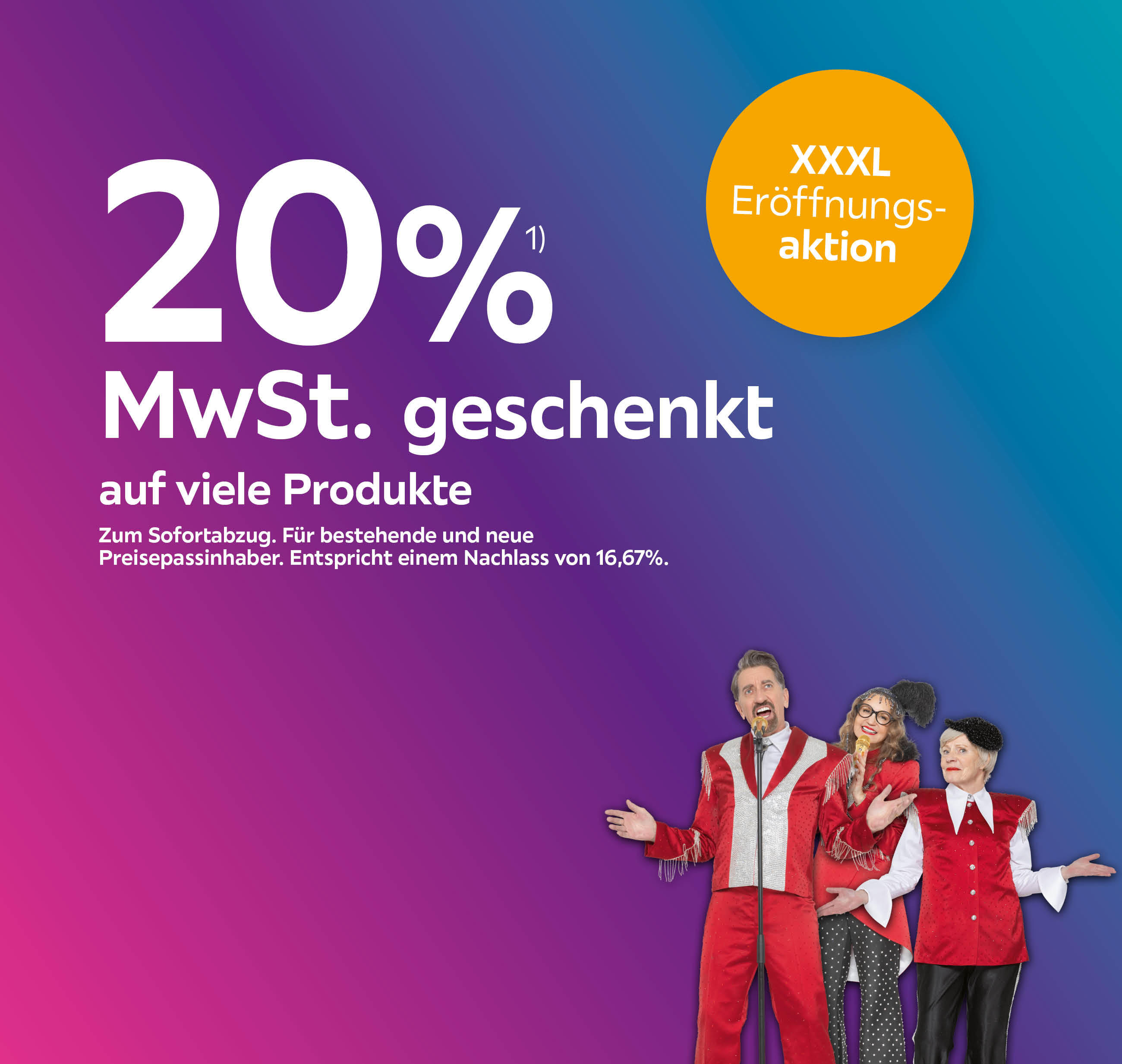 20% MwSt. geschenkt auf viele Produkte; zum Sofortabzug; Für bestehende und neue Preisepassinhaber; Entspricht einem Preisnachlass von 16,67%