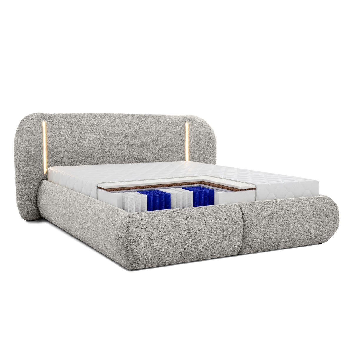 POLSTERBETT Corfu, LED-Beleuchtung, Bettkasten und Taschenfedernmatratze 26 cm, 180x200, Hellgrau - Hellgrau, Textil (180/200cm) - Beautysofa