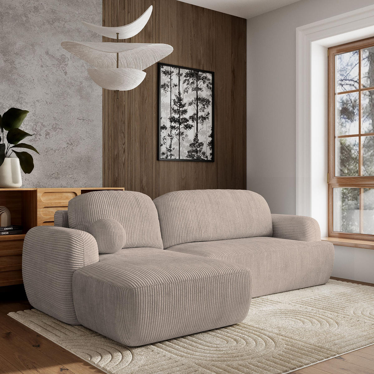 ECKSOFA MODENZA P L-S Beige Kordstoff mit Schlaffunktion - Beige, Holz (266/148cm) - MASSENO