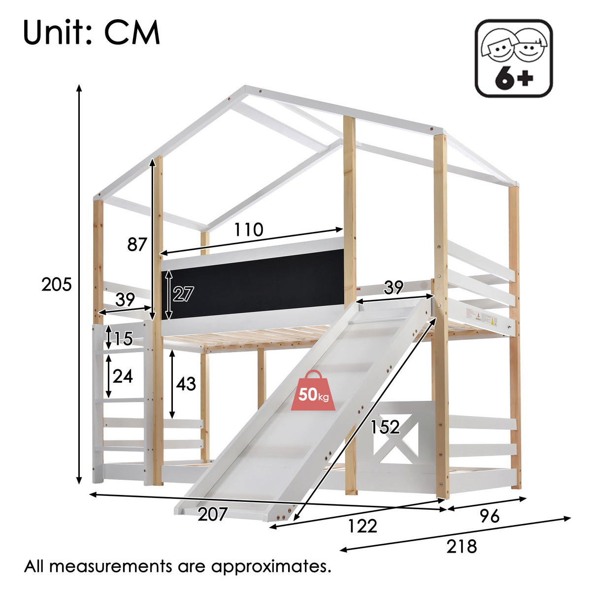 ETAGENBETT Baumhaus 90/200 cm Weiß mit Rutsche und Leiter - Weiß, Holz (90/200cm) - OKWISH