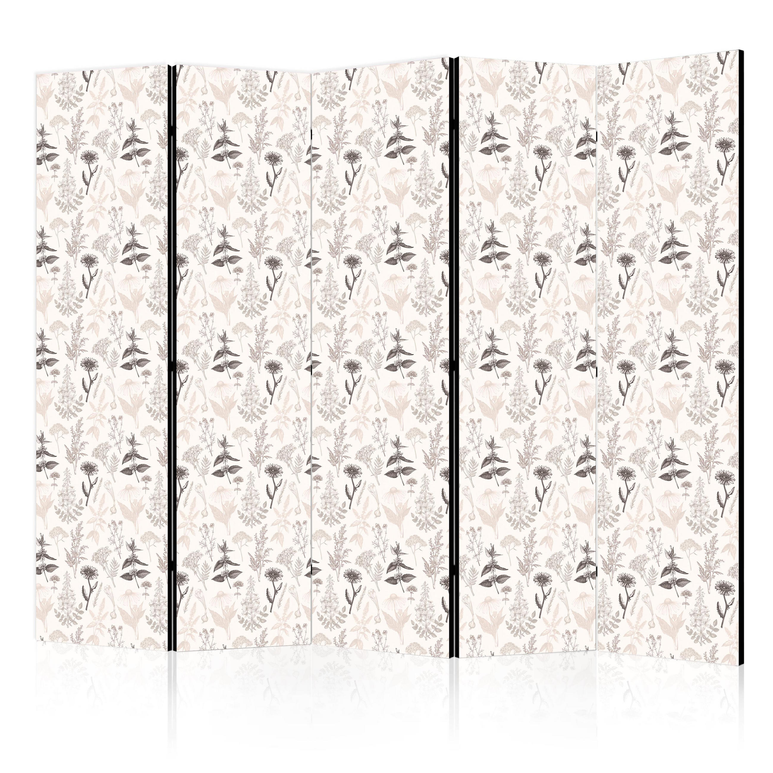 PARAVÁN Jednostranný 5-dielny 225x172 cm Kvety a Bylinky - béžová, drevo/textil (225/172/3cm) - Muralo