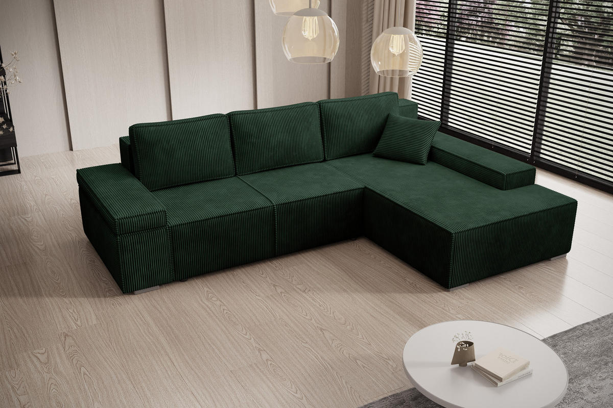 ECKSOFA Milo mit Schlaffunktion und Bettkasten, Couch L-Form, Cord-Stoff, 273x85x185 cm, Grün - Grün, Holz (273/185cm) - PROMETO Möbel