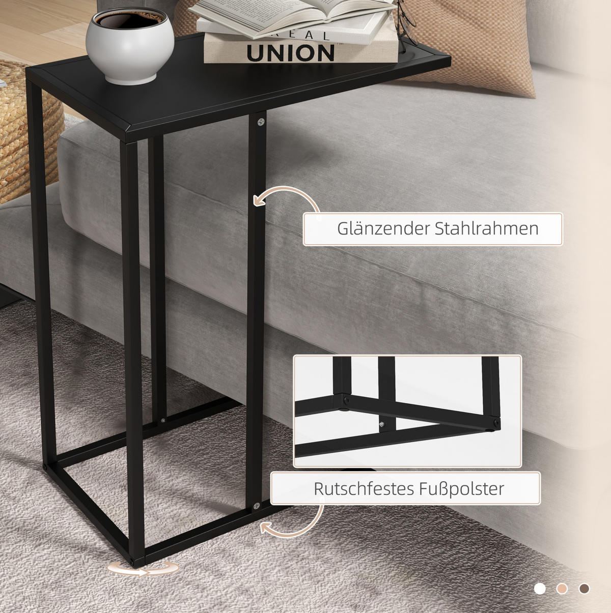 BEISTELLTISCH 46/26/60 cm Schwarz mit C-Form und Stahlgestell - Schwarz, Metall (26/46/60cm) - OKWISH