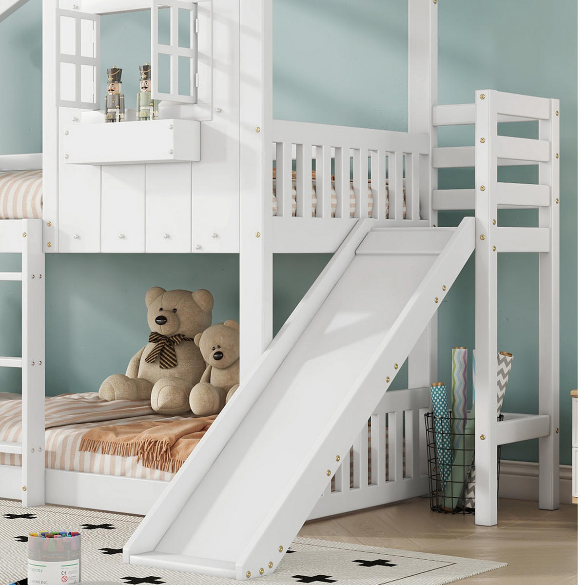 ETAGENBETT 90/200 cm in Weiß & Natur Kinderbett mit Rutsche, Dach, Fenstern und Fallschutz - Weiß, Holzwerkstoff (90/200cm) - STILVORA