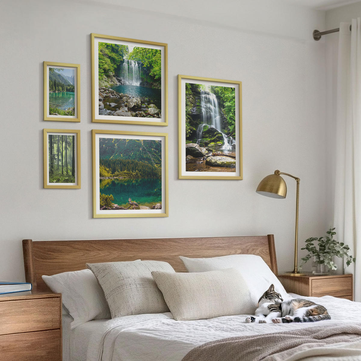 BILDER SET 5er Set - 50x50 cm & 20x30 cm & 40x60 cm Goldrahmen - Grüne Landschaften, Wasserfälle - Goldfarben, Kunststoff (40/60cm) - TULUP