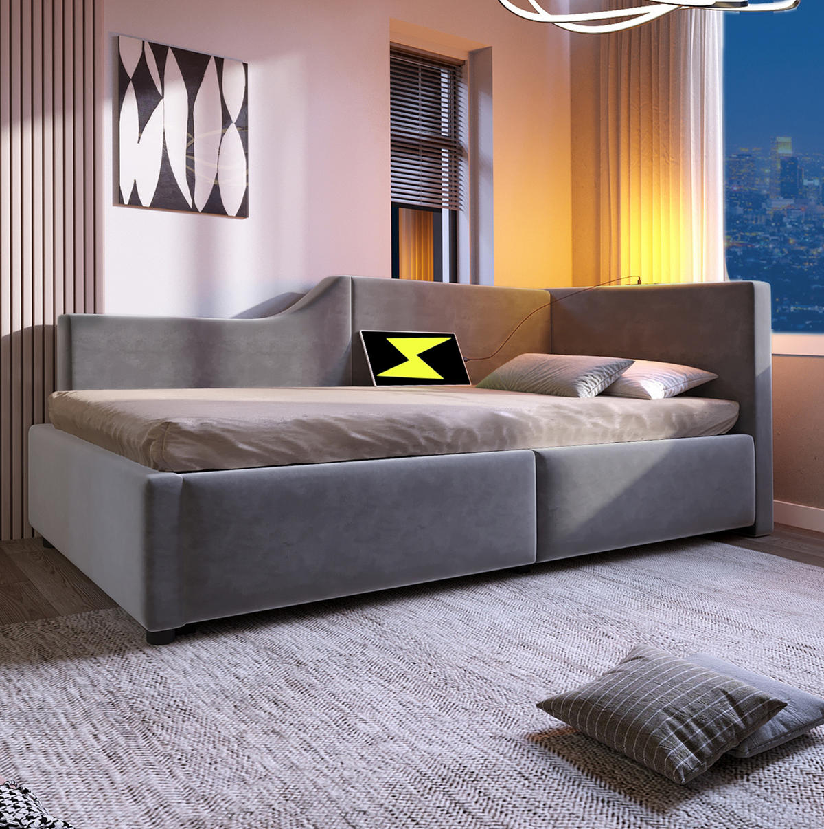 POLSTERBETT 90/190 cm aus Samt Grau mit Stauraum und USB- und Type-C-Anschlüssen - Grau, Textil (90/190cm) - Flora Grace