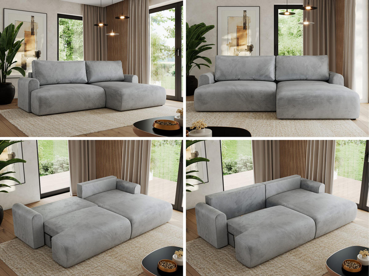 ECKSCHLAFSOFA TONO L Hellgrau Velvet - rechts - Hellgrau/Schwarz, Kunststoff/Textil (150/260cm) - MKS