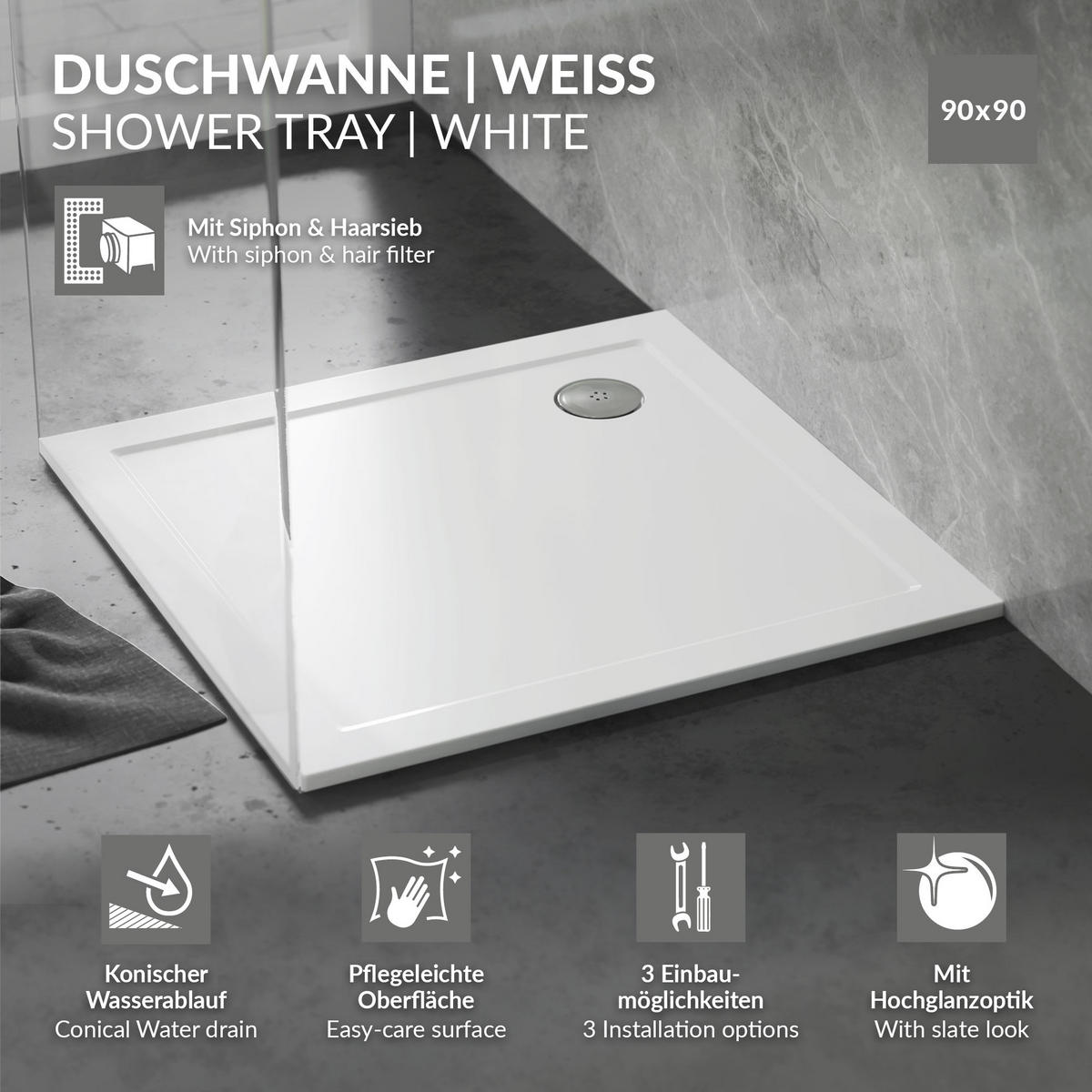 DUSCHWANNE 90x90 cm eckig Weiß Duschtasse mit Ablaufgarnitur - Weiß, Kunststoff (90/4/90cm) - LuxeBath