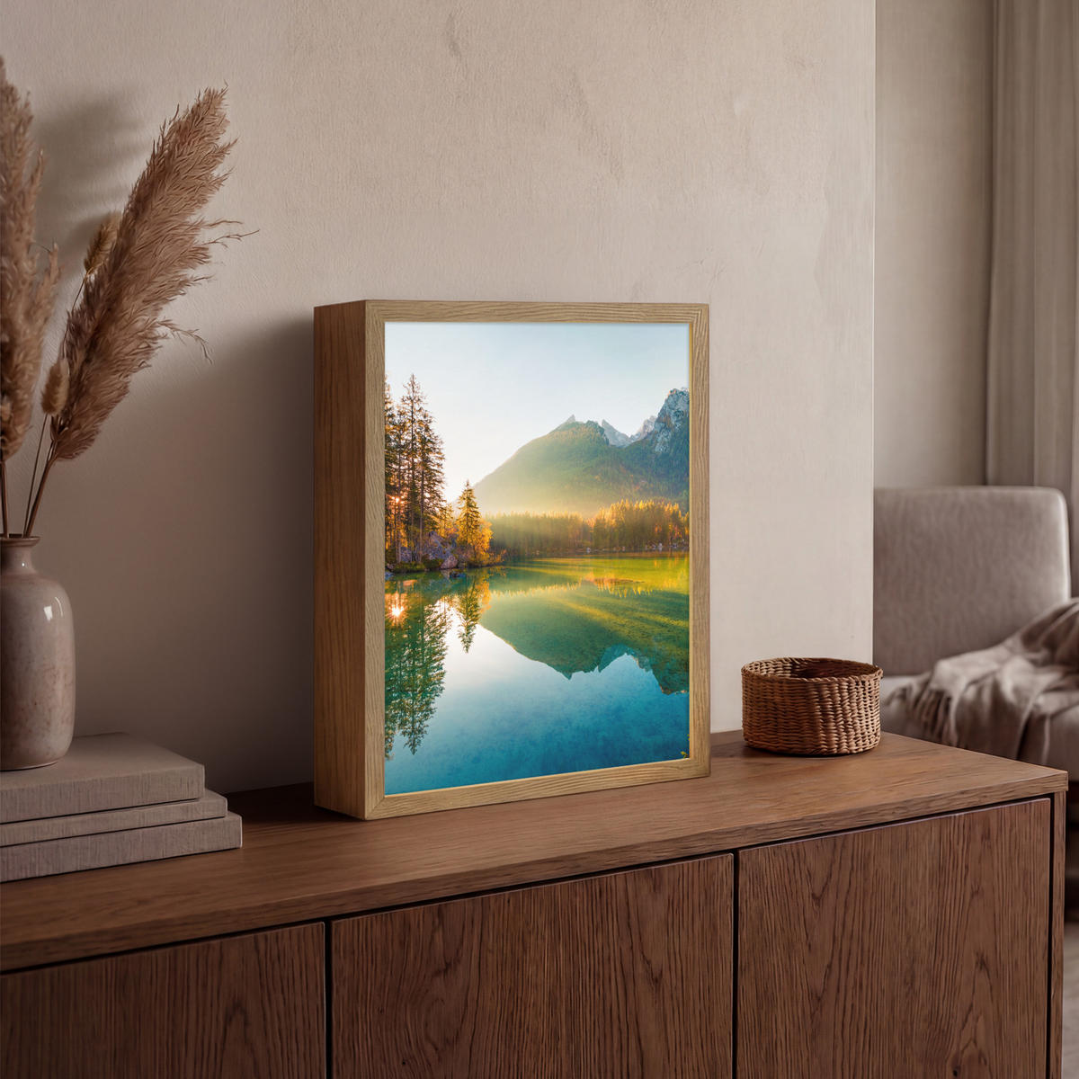 WANDLEUCHTE MIT AKKU See - Wald - Berge - Natur - Sonne - Landschaft 30x40 cm - Grün, Holzwerkstoff (30/40/8cm) - OnlyWow