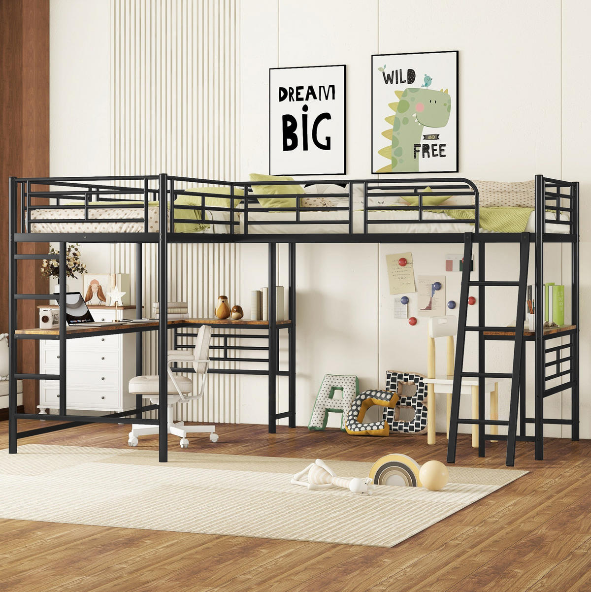 HOCHBETT aus Metall und MDF 90x200 cm in Schwarz mit Schreibtisch & Treppe - Schwarz, Metall (90/200cm) - Modfu