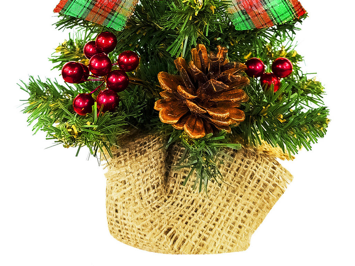 WEIHNACHTSBAUM künstlicher 25 cm, TINY 8, mit 27-teiligem Weihnachtsbaumschmuck, inkl. Metallständer und Aufbewahrungsbox - Rot/Braun, Kunststoff/Stein (18/25cm) - LAALU