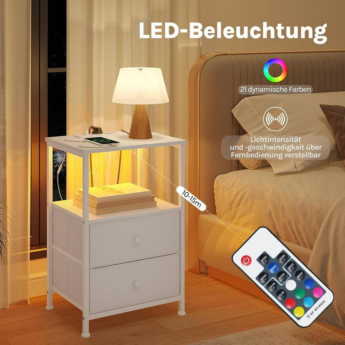 NACHTTISCH 2er Set, mit Ladefunktion, 2 Schubladen, Weiß - Weiß, Holzwerkstoff/Textil (40/60/30cm) - Woltu