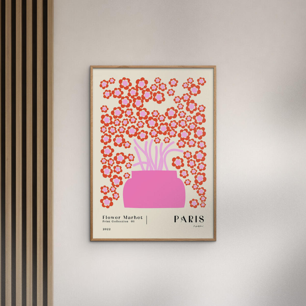 POSTER mit Rahmen NKTN - Flower Market Paris - Pink/Eichefarben, Holz/Papier (70/100cm) - Poster&Frame