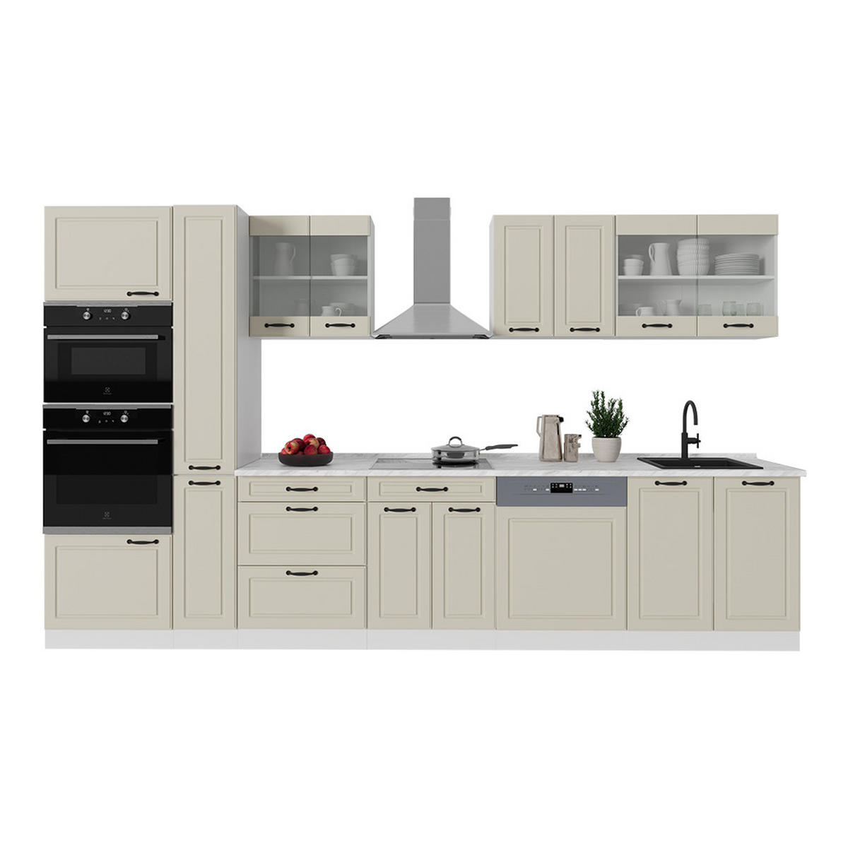 KÜCHENZEILE R-Line, Sand Landhaus/Weiß, 350 cm Arbeitsplatte Marmor - Beige/Weiß, Holzwerkstoff (350/206.8/60cm) - Vicco