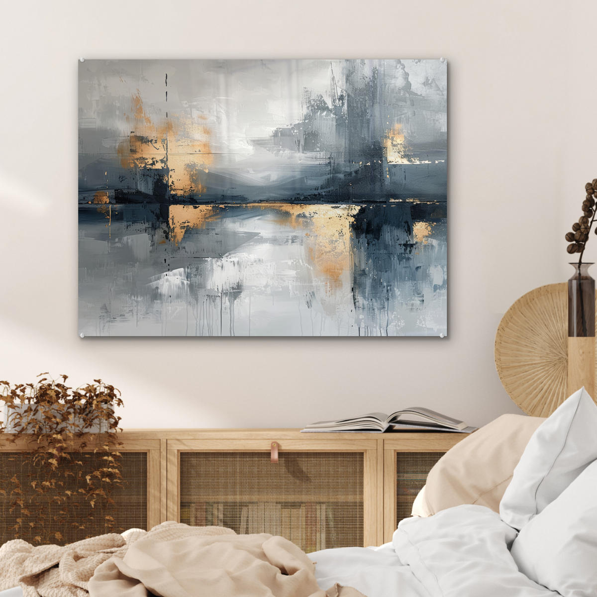 OBRAZ NA AKRYLOVOM SKLE Umenie - sivé - zlaté - abstraktné 80x60 cm - tmavosivá, sklo (80/60cm) - MuchoWow