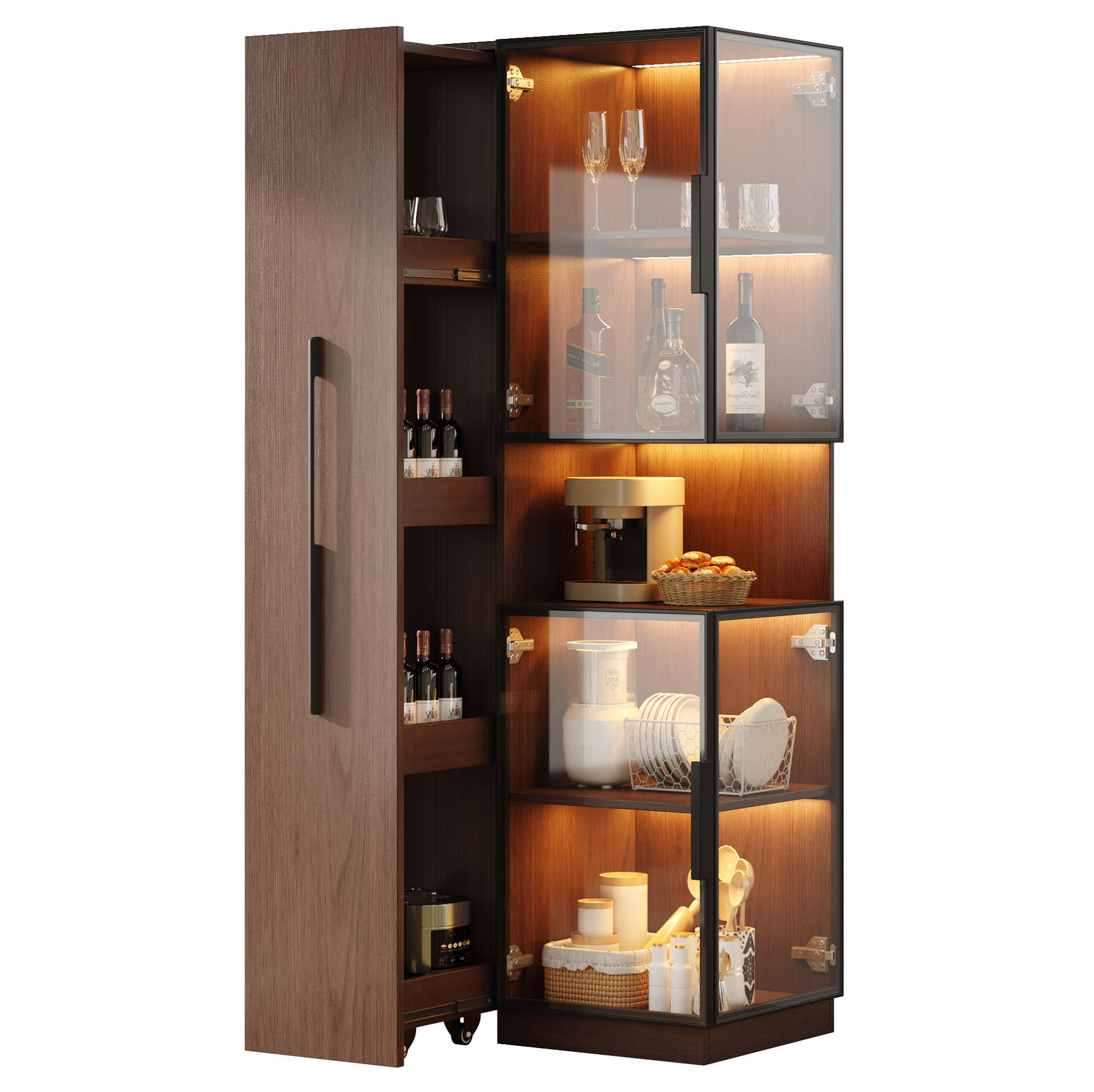 VITRINE 70/38/160 cm aus MDF und Glas mit LED-Beleuchtung und ausziehbaren Seitenregalen Walnussfarben - Walnussfarben, Holzwerkstoff (70/160/38cm) - Modenvie