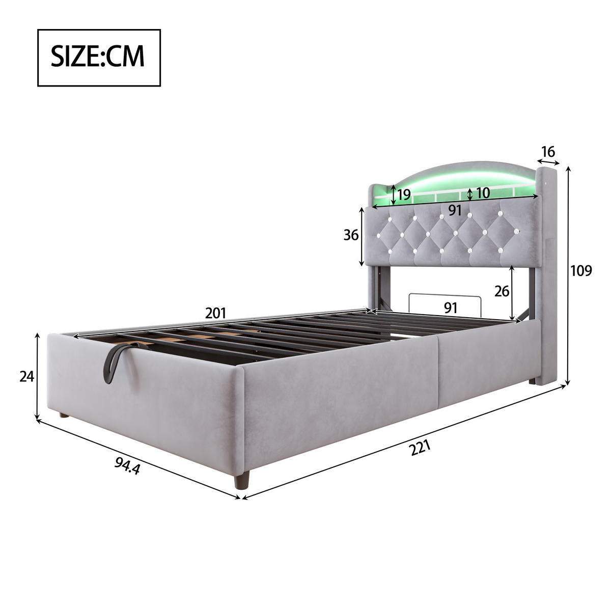 POLSTERBETT 90/200 cm grau mit Stauraum und LED-Beleuchtung - Grau, Textil (90/200cm) - OKWISH