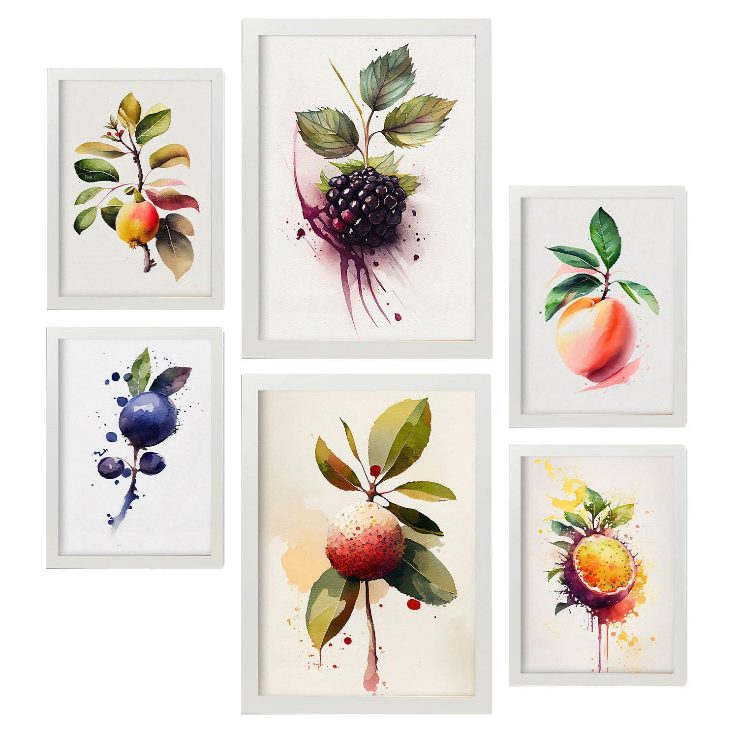 POSTER Set Mit 6 Beeren & Pfirsiche Plakate Von Obst Gemüse & Gesunden Lebensmitteln Im Aquarell Kunst Auf Reinweißen A3 & A4 Weißer Rahmen - Weiß, Papier (29/3cm) - Nacnic